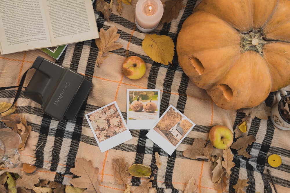 una mesa cubierta con un libro y fotos de calabazas