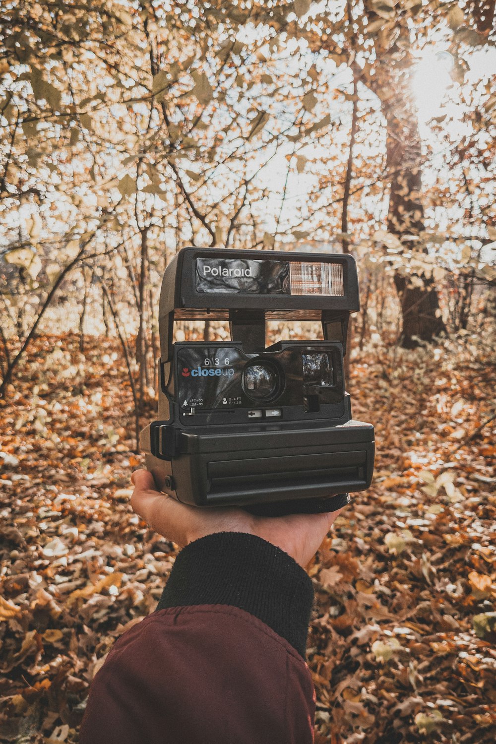 a person holding up a camera in the woods