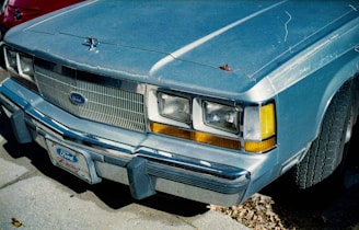 A vintage blue Ford car with a prominent grille and headlights. The car's surface shows some wear with a leaf resting on the hood. The front license plate reads 'Ford Racing.' The tires are visibly aged, and there are fallen leaves on the ground.