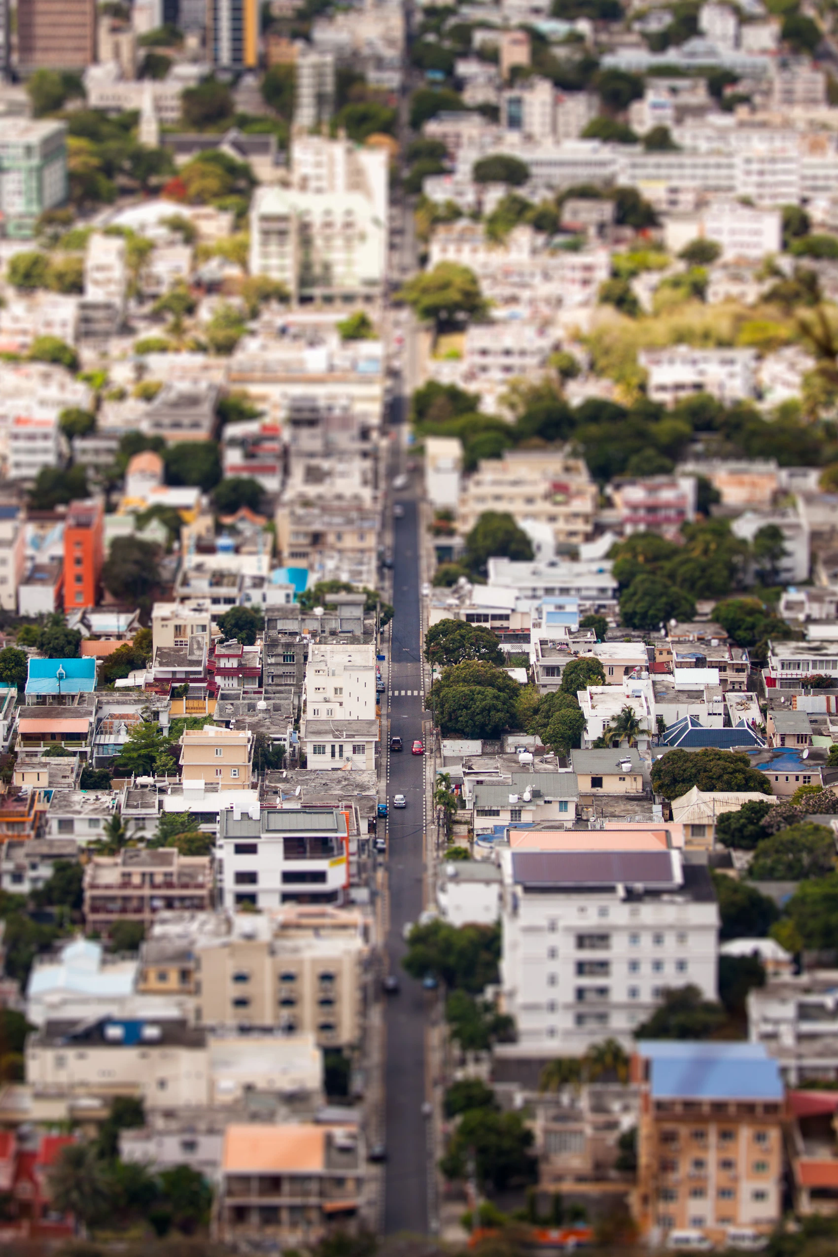 The dense streets and buildings of Port Louis seen from above