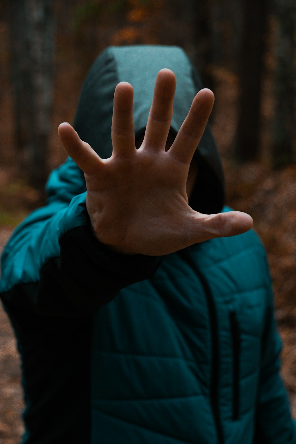 a person in a green jacket with their hand up to the camera