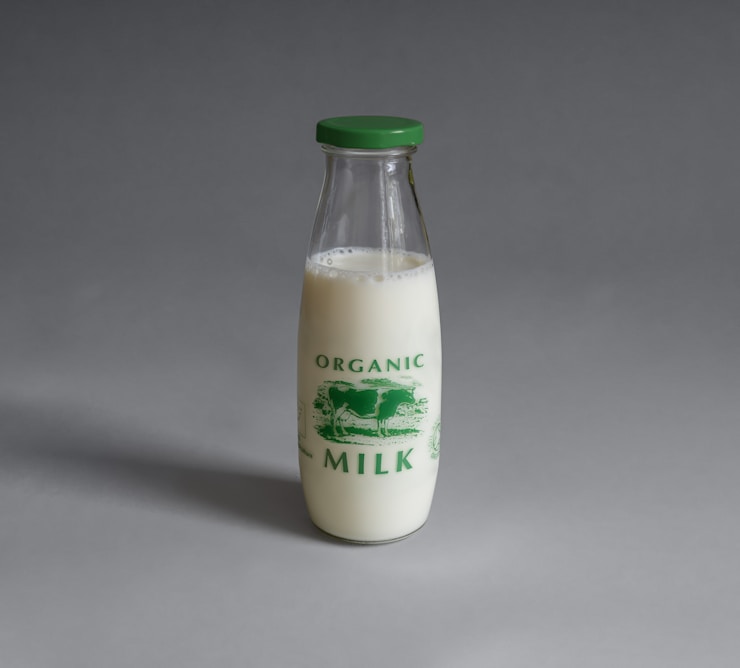 Organic milk in a glass bottle