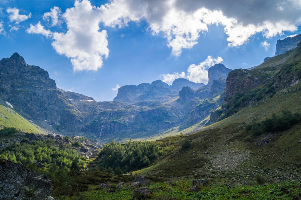 a view of a valley with mountains in the background