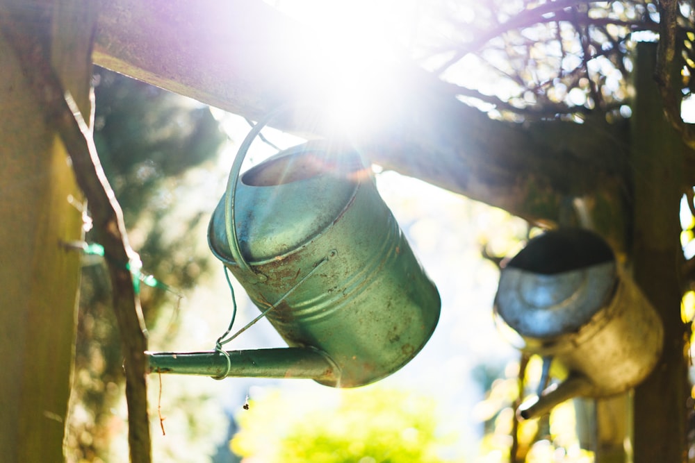 a green watering can hanging from a tree