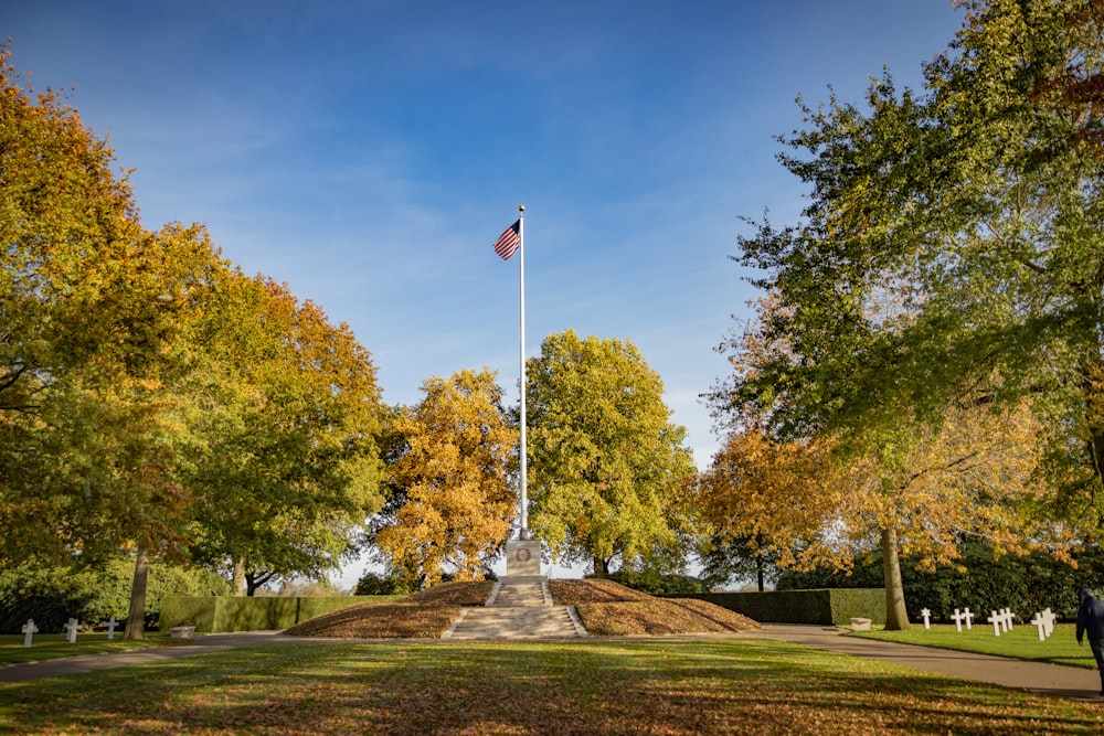 a flag pole in the middle of a park