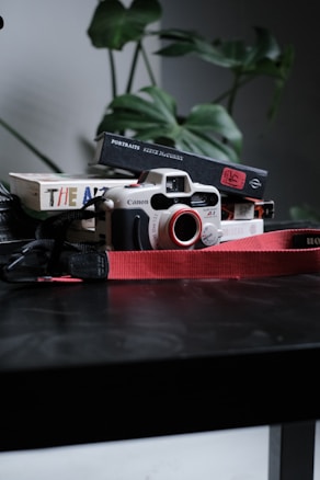 A film camera with a red strap rests on a dark surface near a stack of books, with one titled 'Portraits Steve McCurry'. Lush green leaves from a plant are blurred in the background, adding depth to the scene.