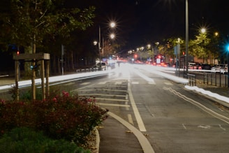 A nighttime urban scene featuring a road with light trails from moving vehicles, surrounded by streetlights, trees, and some greenery on the sidewalk. Traffic lights and various parked and moving cars are visible in the background.