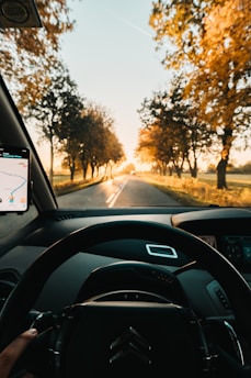 a person driving a car on a country road