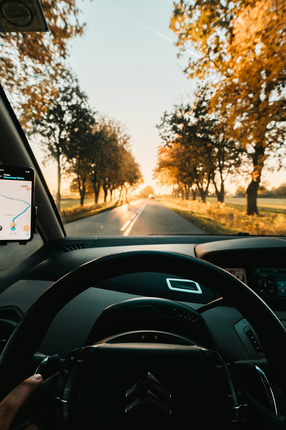 a person driving a car on a country road