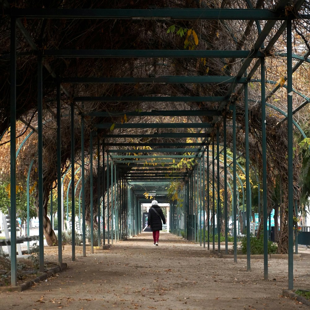 a person walking down a walkway under a canopy