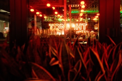 A dimly lit bar or lounge area with a prominent neon sign that reads 'TONIGHT' hanging above the counter. The foreground includes some red and green illuminated plants. The background features bottles on shelves and red lights hanging from the ceiling.