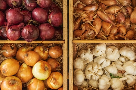 An arrangement of vegetables in four wooden crates positioned in a grid. The top left crate contains red onions, the top right has shallots, the bottom left holds yellow onions, and the bottom right is filled with bulbs of garlic. The crates are lined with straw-like material, providing a rustic feel.