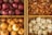 An arrangement of vegetables in four wooden crates positioned in a grid. The top left crate contains red onions, the top right has shallots, the bottom left holds yellow onions, and the bottom right is filled with bulbs of garlic. The crates are lined with straw-like material, providing a rustic feel.