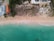 Aerial view of a sandy beach with gentle waves lapping against the shore. Straw umbrellas and sun loungers are scattered across the sand, surrounded by clusters of green palm trees. Buildings with red and white rooftops are visible along the edge of the beach.