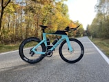 a blue bicycle parked on the side of a road