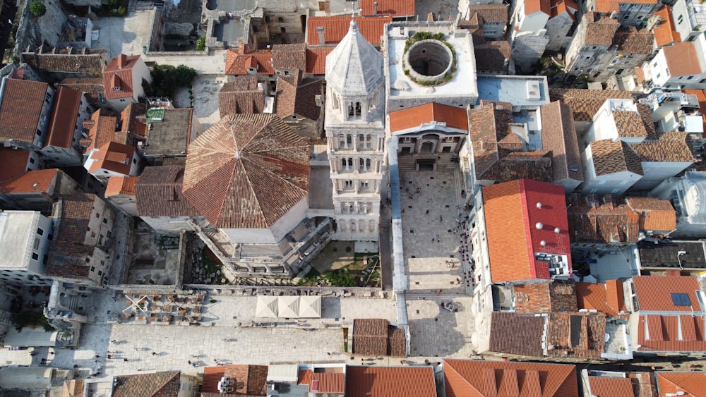 an aerial view of a city with many buildings