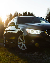 a black car is parked in the grass