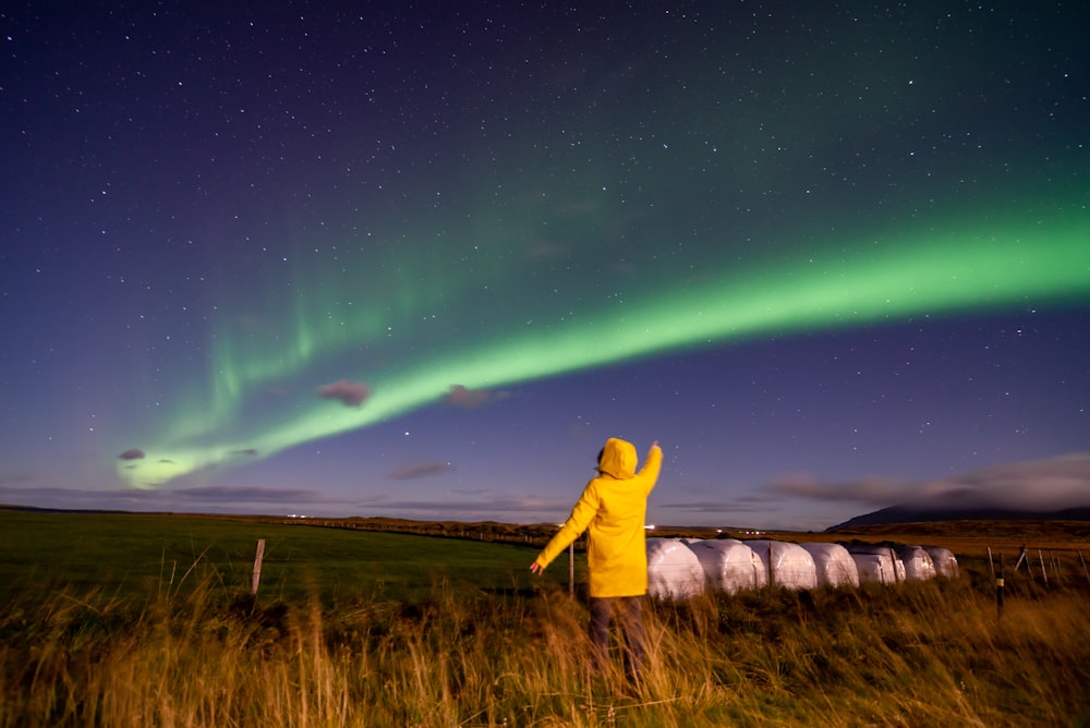 uma pessoa em pé em um campo com uma luz de aurora no fundo