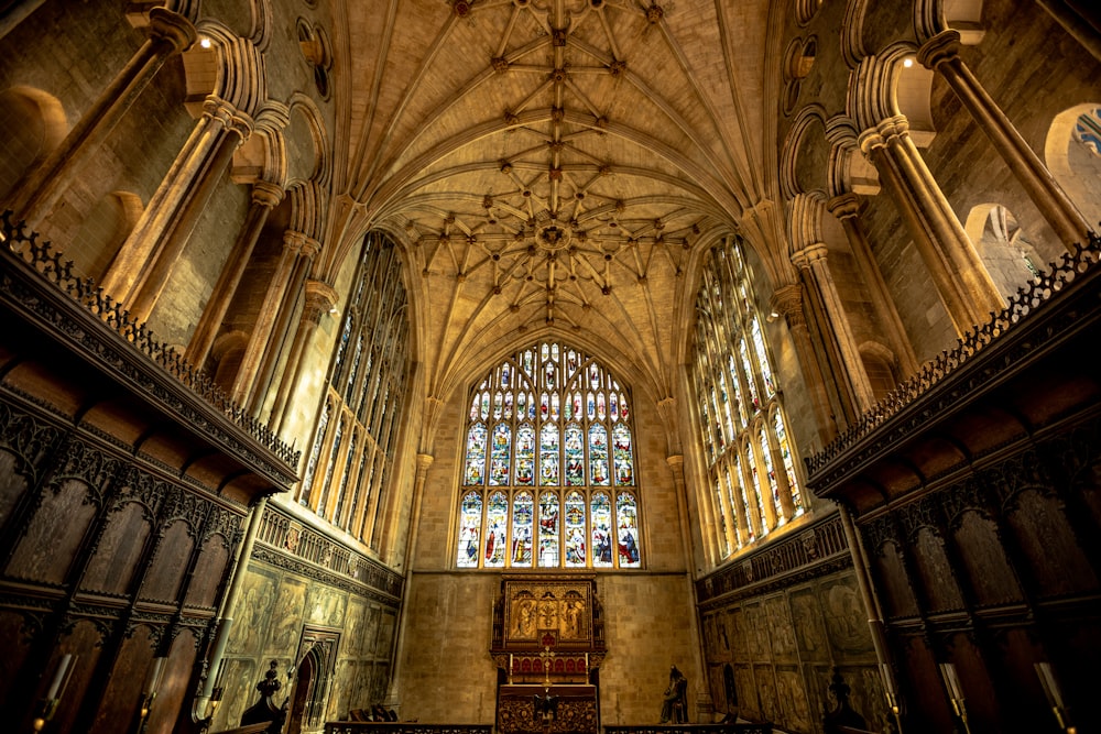 a cathedral with a large stained glass window