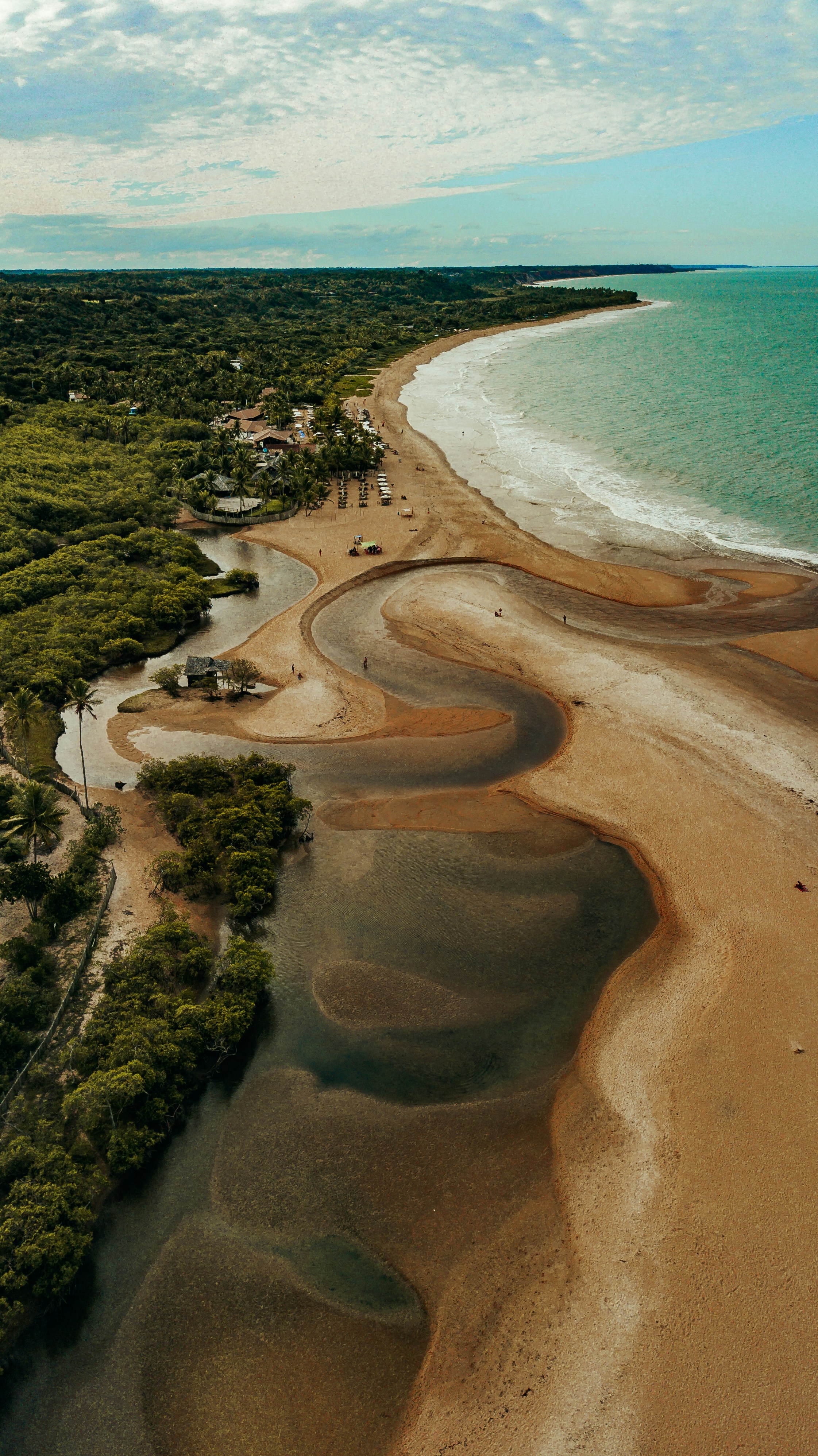 una vista aérea de una playa de arena y un cuerpo de agua