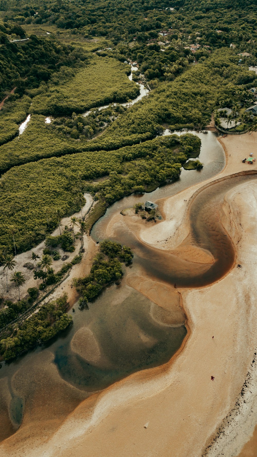 an aerial view of a river and a beach