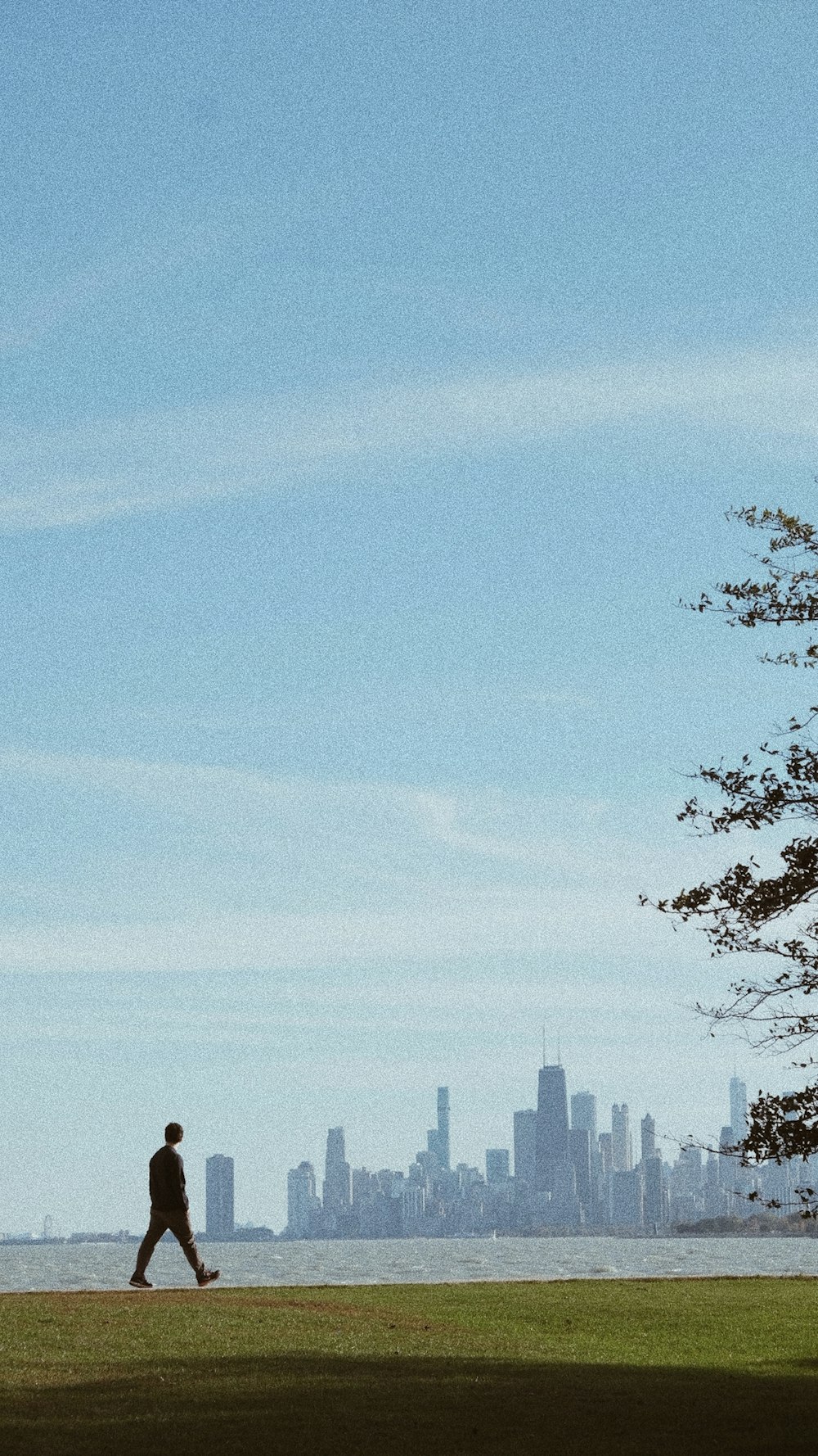 a man walking across a lush green field