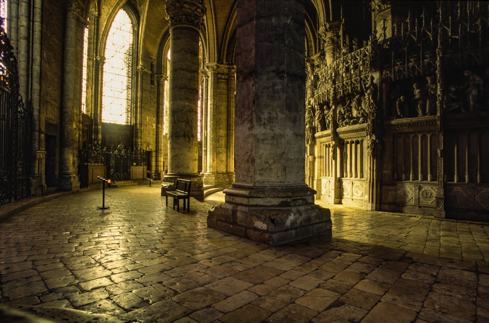 a cathedral with a grand piano in the center