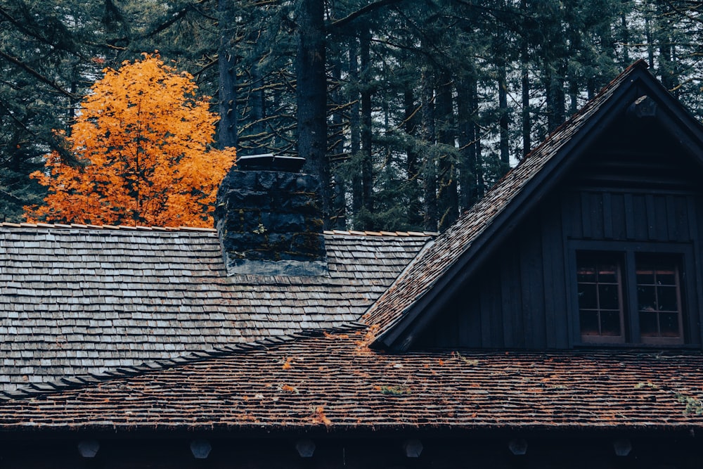 a roof with a chimney and a tree in the background
