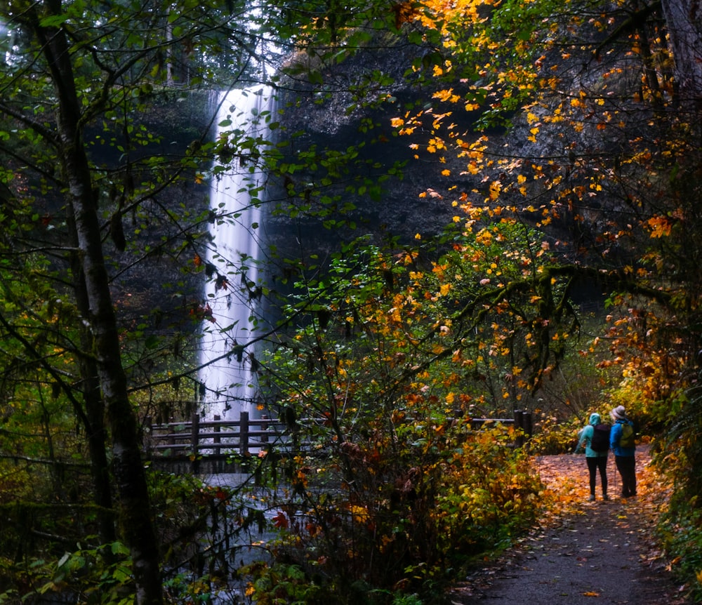 a couple of people that are walking down a path