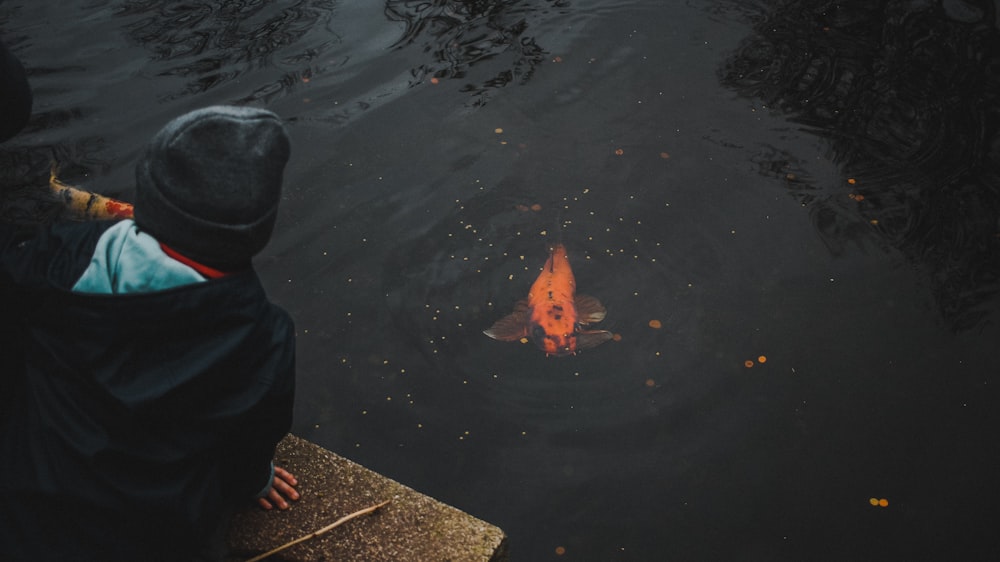 a person looking at a fish in the water