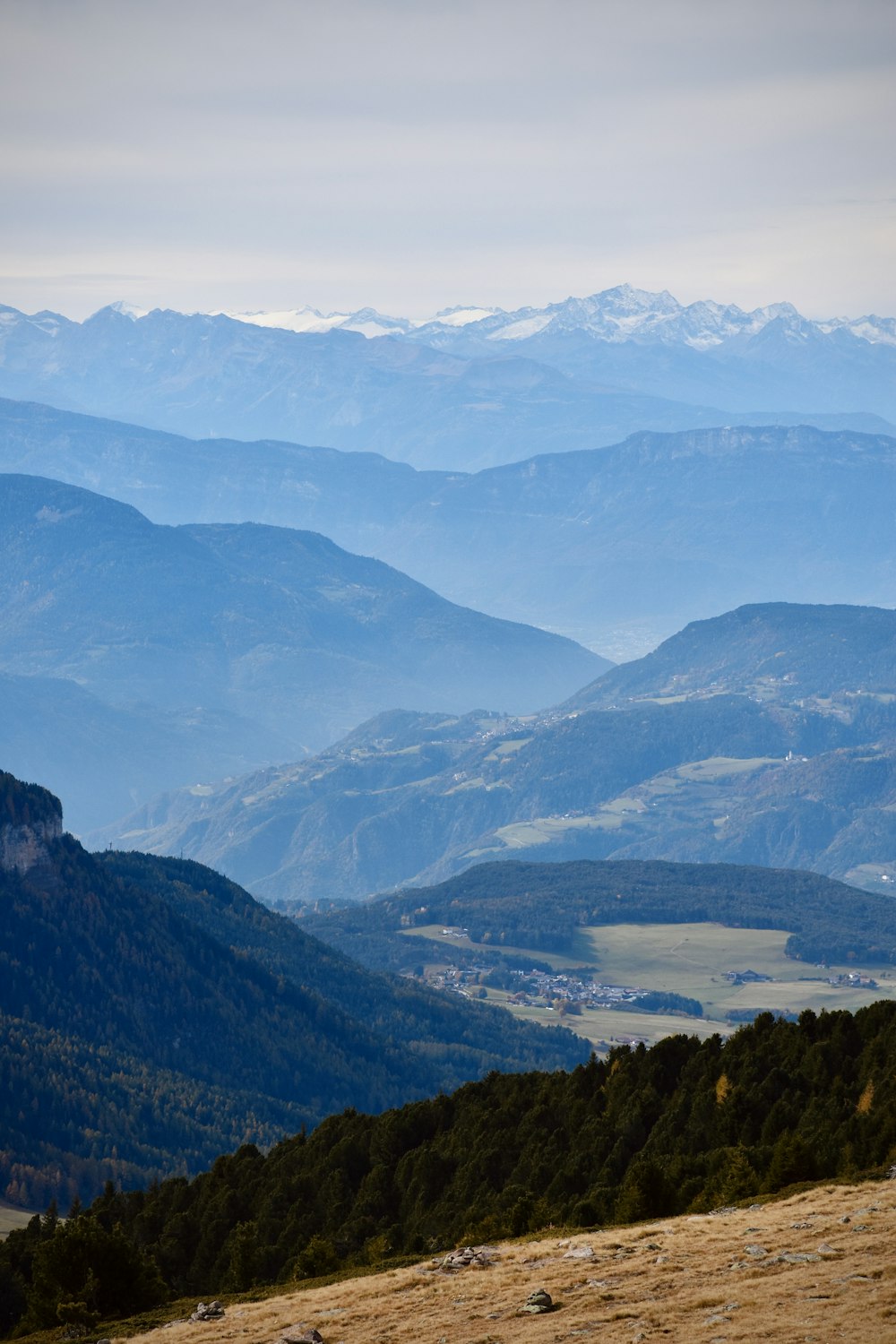 a view of a valley with mountains in the background