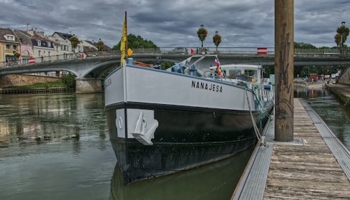 A boat named Nanajesa is docked along a wooden pier on a calm river, with a bridge in the background. The cloudy sky adds a moody feel, and small European-style buildings line the riverbank, contributing to a picturesque cityscape.