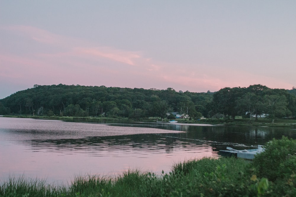 a boat is sitting on the shore of a lake