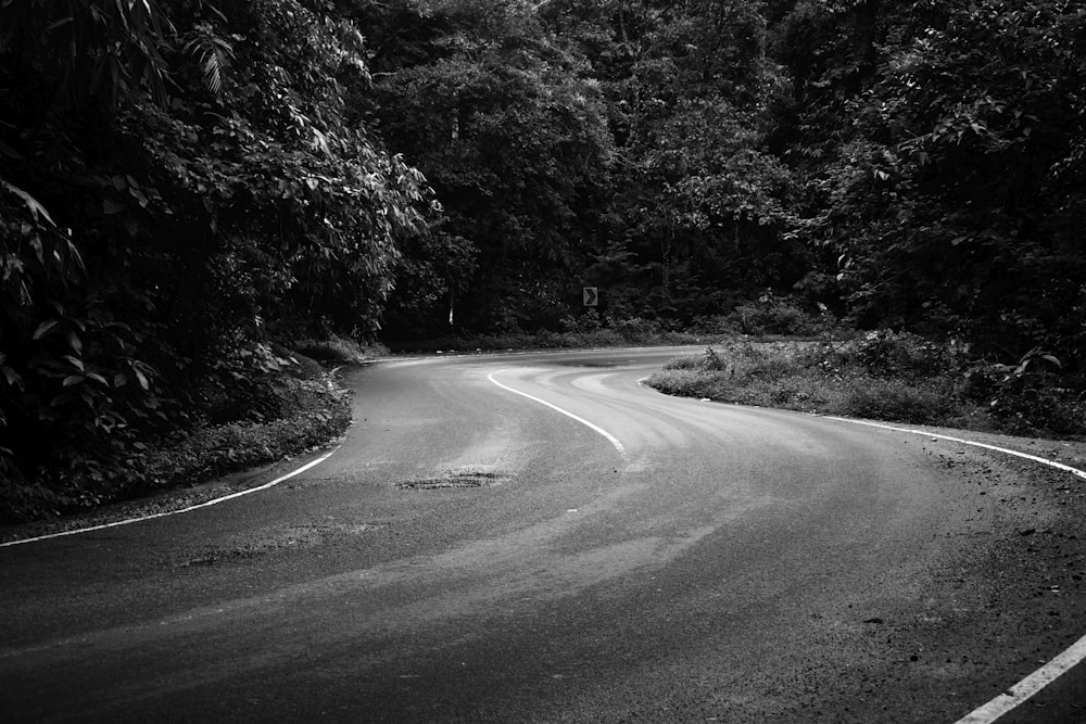 a black and white photo of a curved road