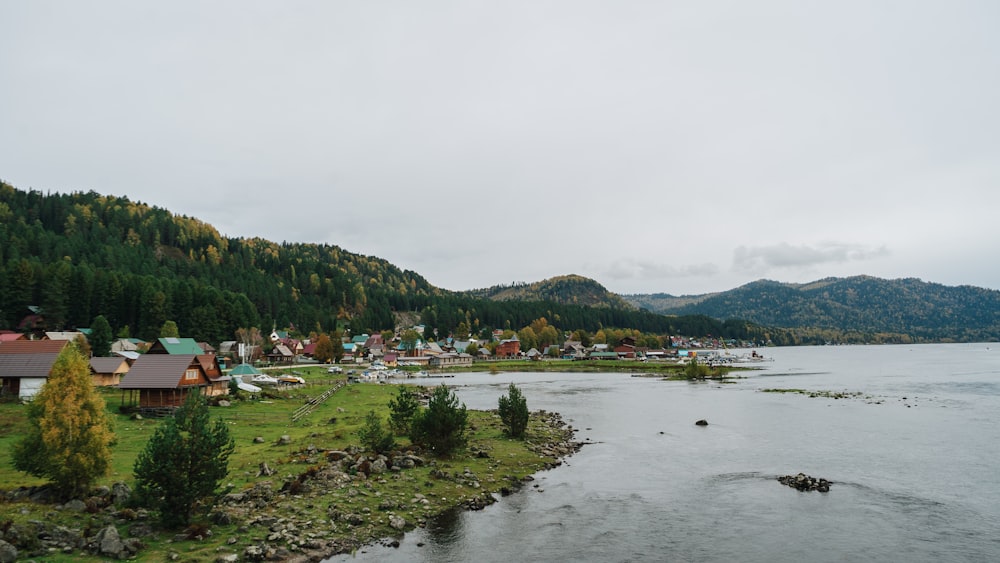 a small village on the shore of a lake