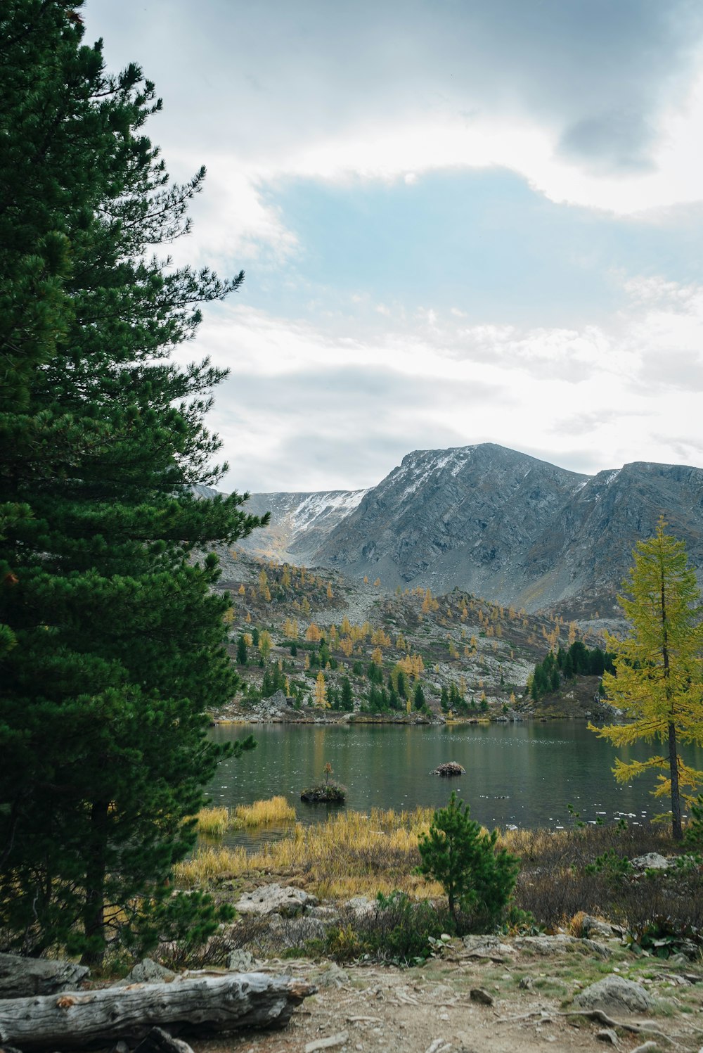 a lake surrounded by trees and mountains under a cloudy sky