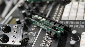 Detailed shot of circuit boards and wiring inside a Soundcraft effects device