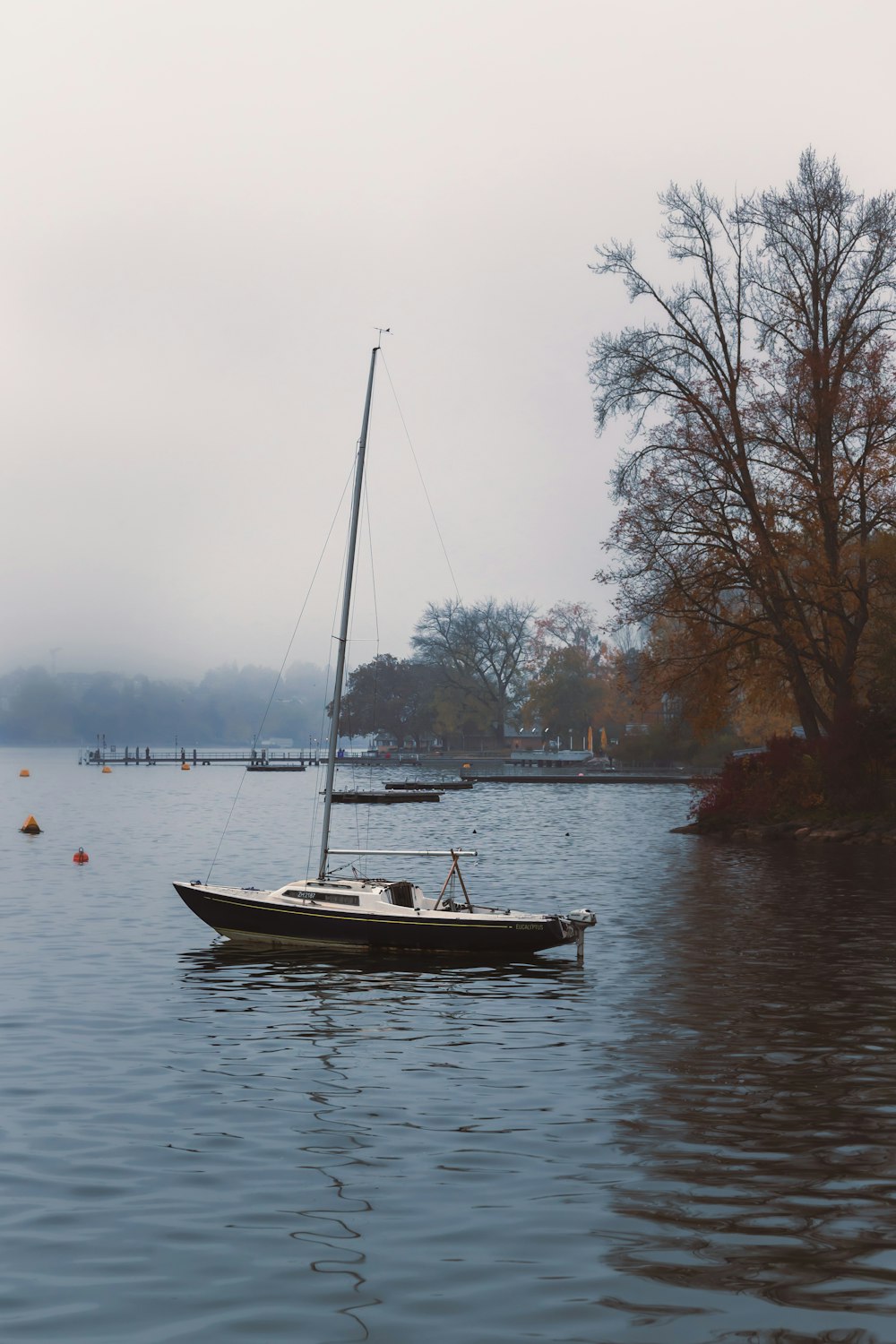 a sailboat floating on a lake surrounded by trees