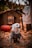 A small white dog wearing a patterned sweater is sitting on a bed of autumn leaves. In the background, there is a rustic wooden structure, a large pumpkin, and a hanging bat decoration. The setting feels festive and spooky, indicative of a Halloween-themed scene.