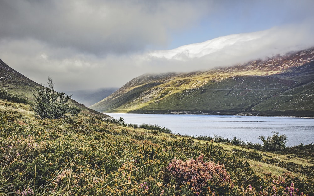 a scenic view of a lake surrounded by mountains