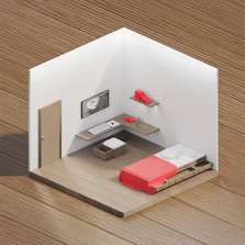 a small room with a bed and a desk