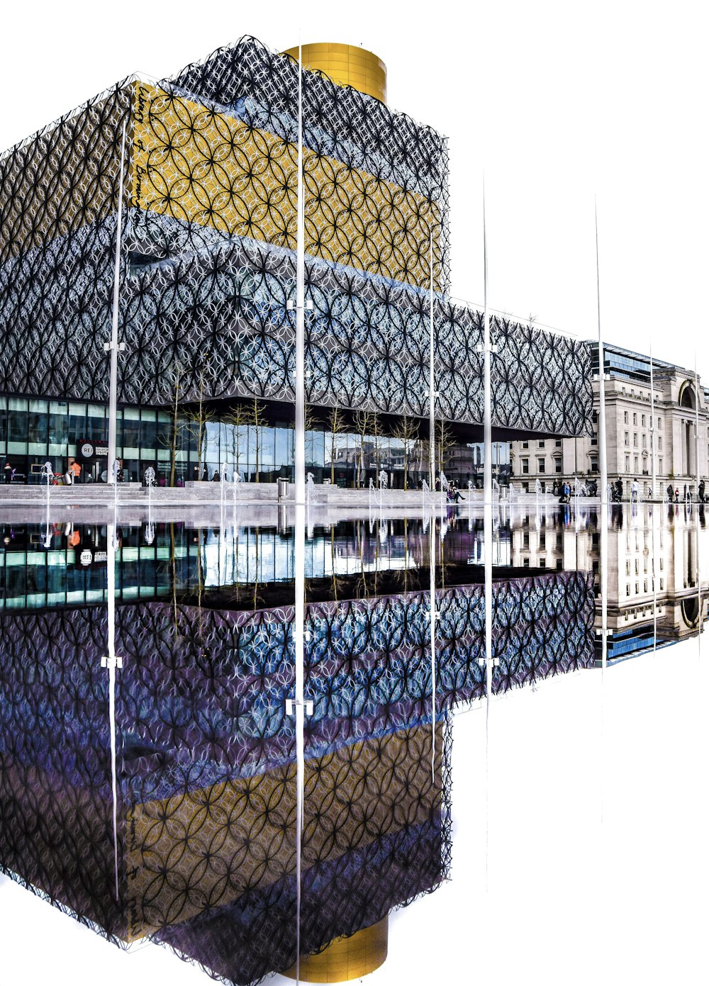 a reflection of a building in the water