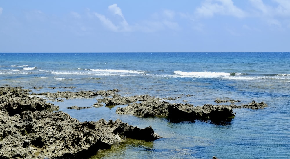 a body of water with rocks in the foreground