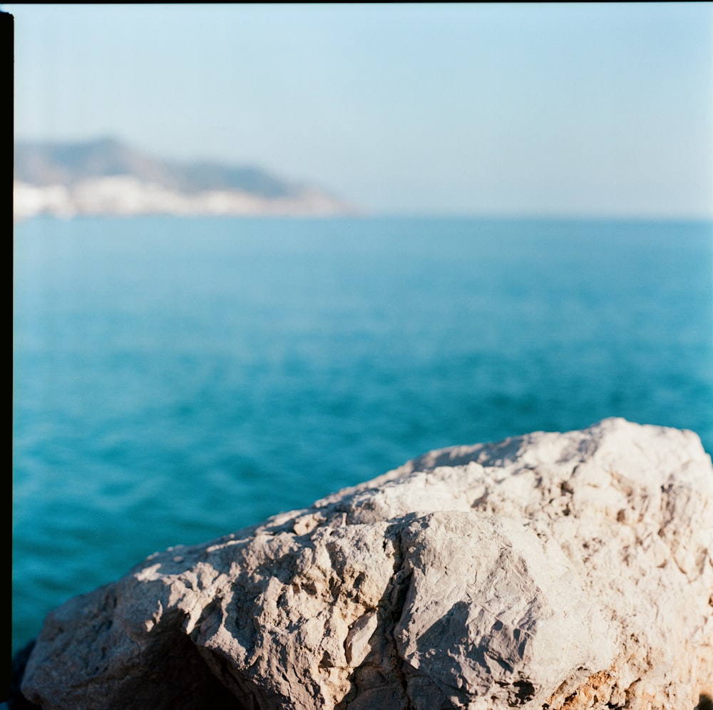 a close up of a rock near a body of water