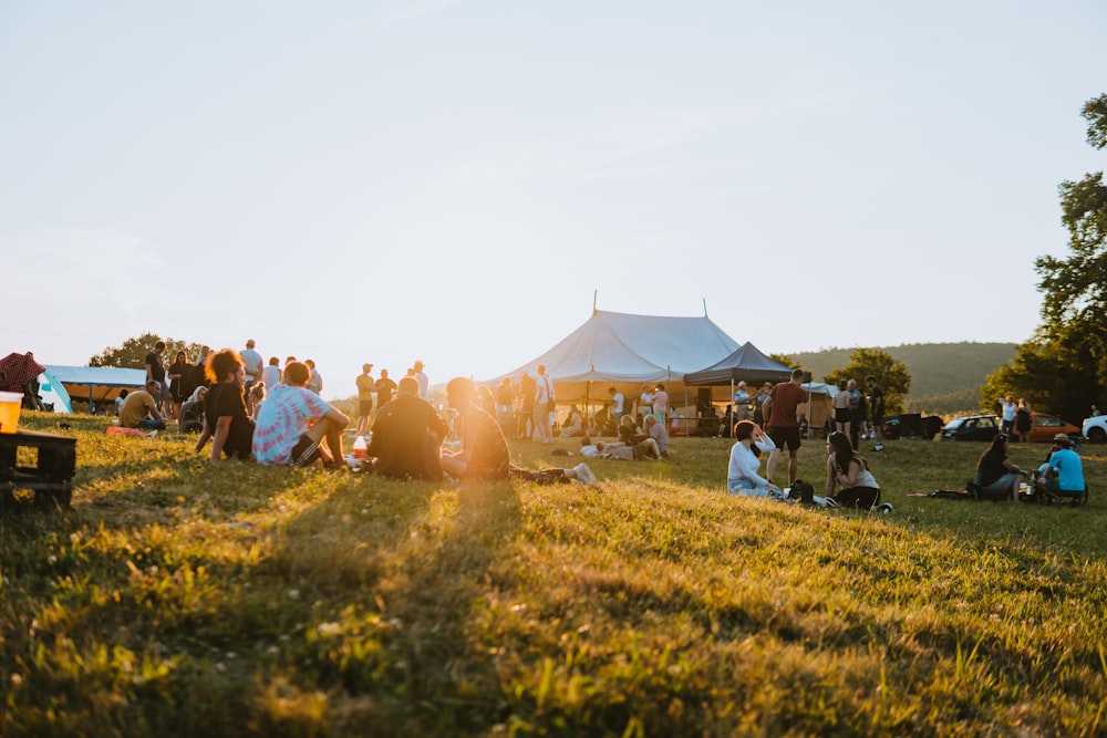 a group of people sitting on top of a lush green field