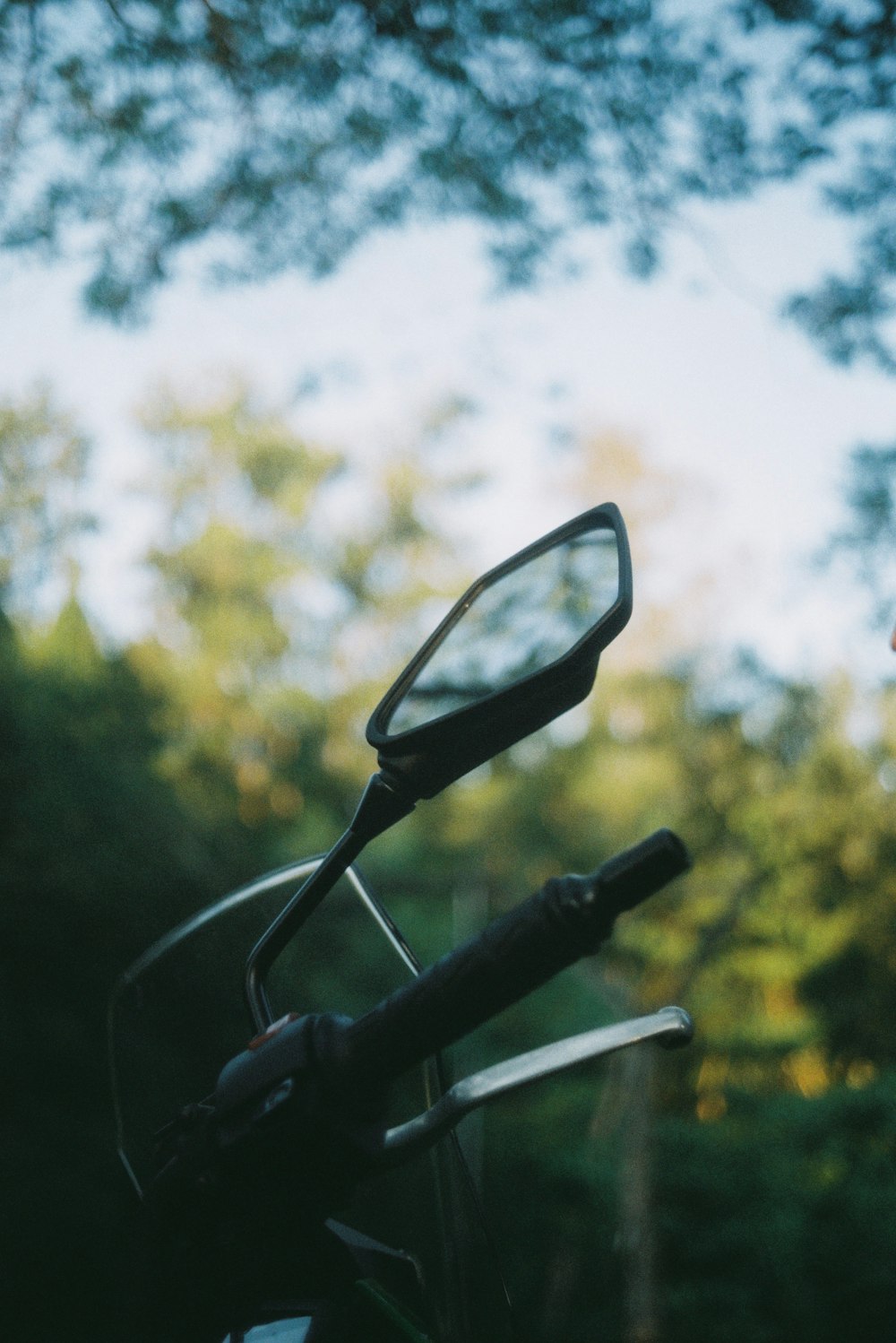 a close up of a motorcycle mirror with trees in the background