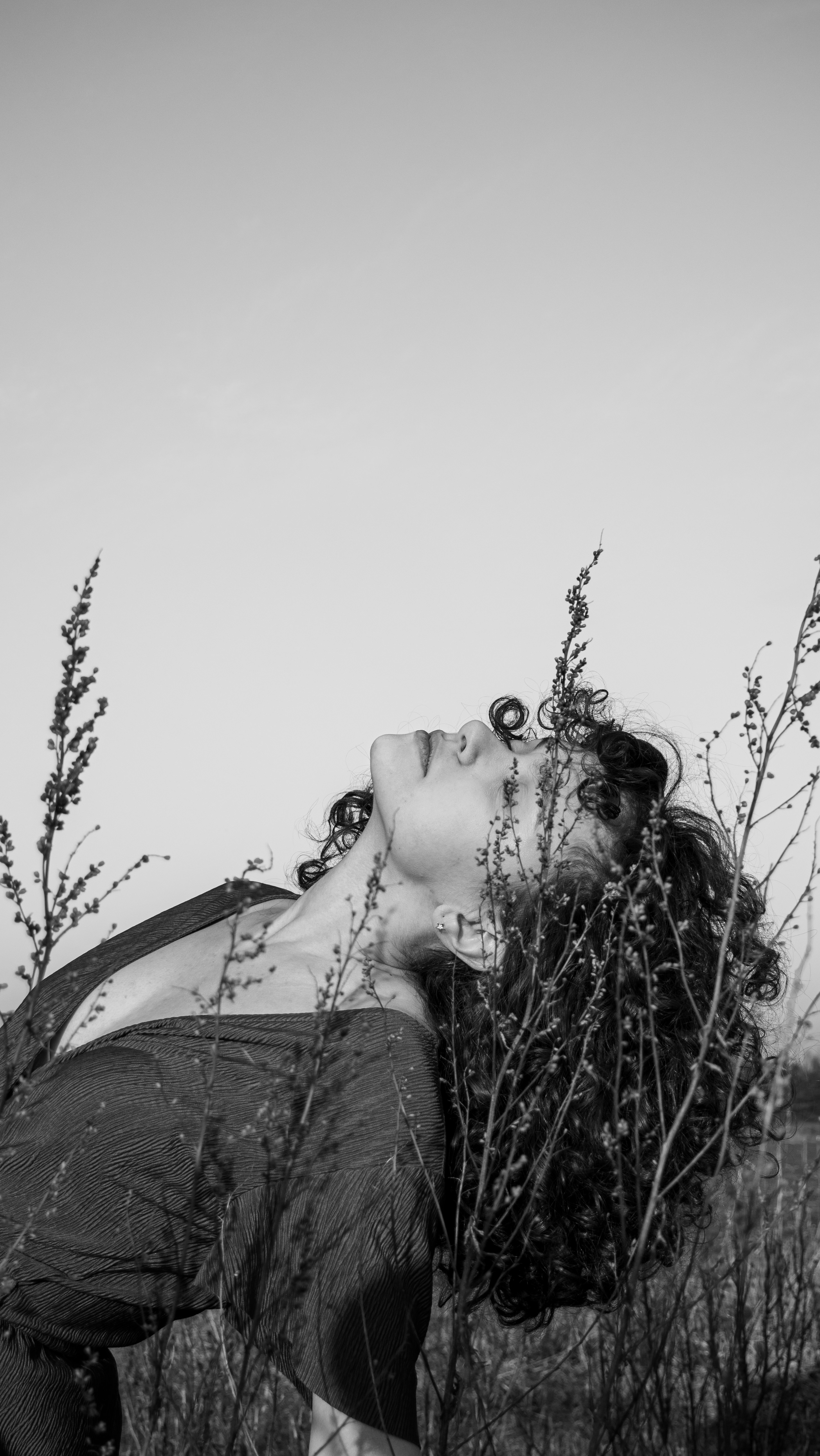 a woman laying in a field of tall grass