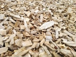 A close-up view of a large pile of wood chips scattered in a random, overlapping manner.