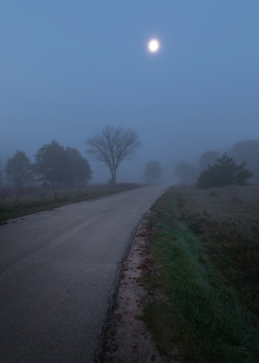 a foggy road with a full moon in the distance