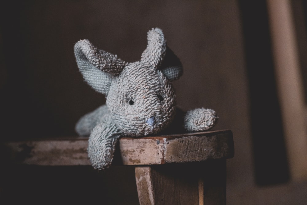 a stuffed animal sitting on top of a wooden table